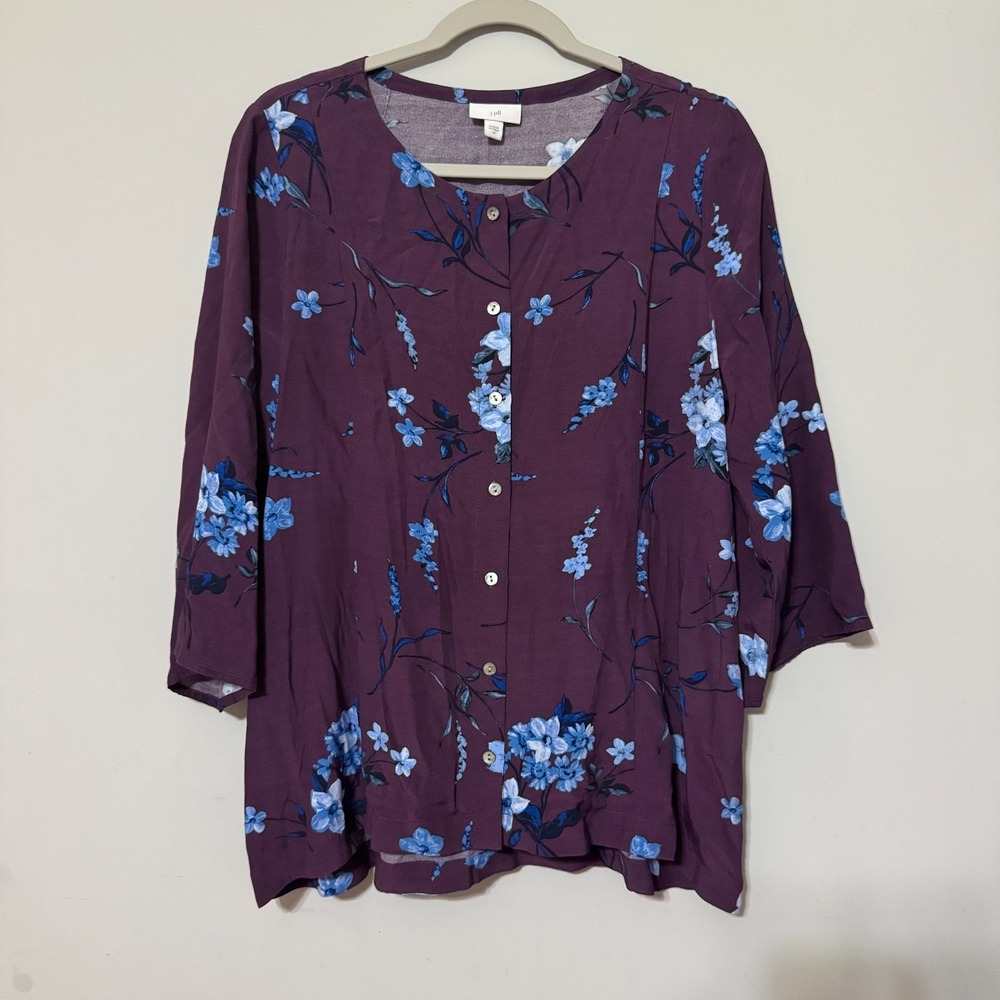 J Jill Medium Purple Blue Floral Button Front Tie Back Flared Sleeve Blouse